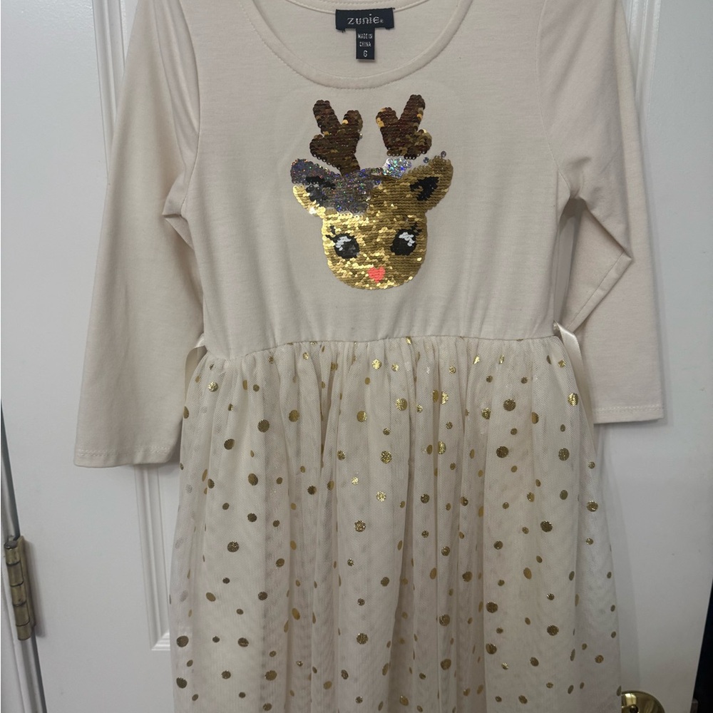 Zunie Cream Holiday Dress with Gold Accents